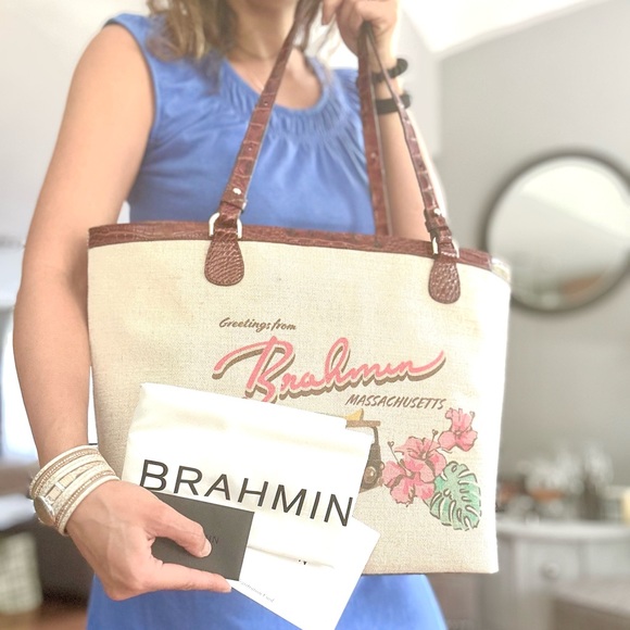 NWT Brahmin Pecan Pipa Leather and canvas Tote Bag and wristlet - Picture 7 of 14